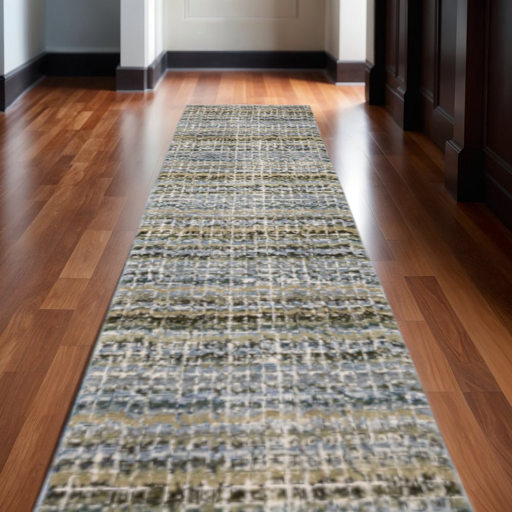 12' Blue Green And Teal Abstract Runner Rug