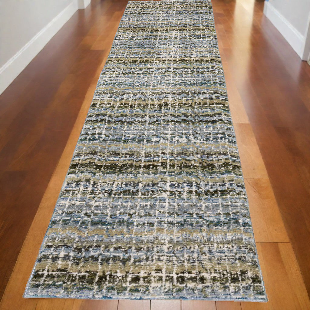 12' Runner Blue Green Teal and Grey Abstract Power Loom Runner Rug