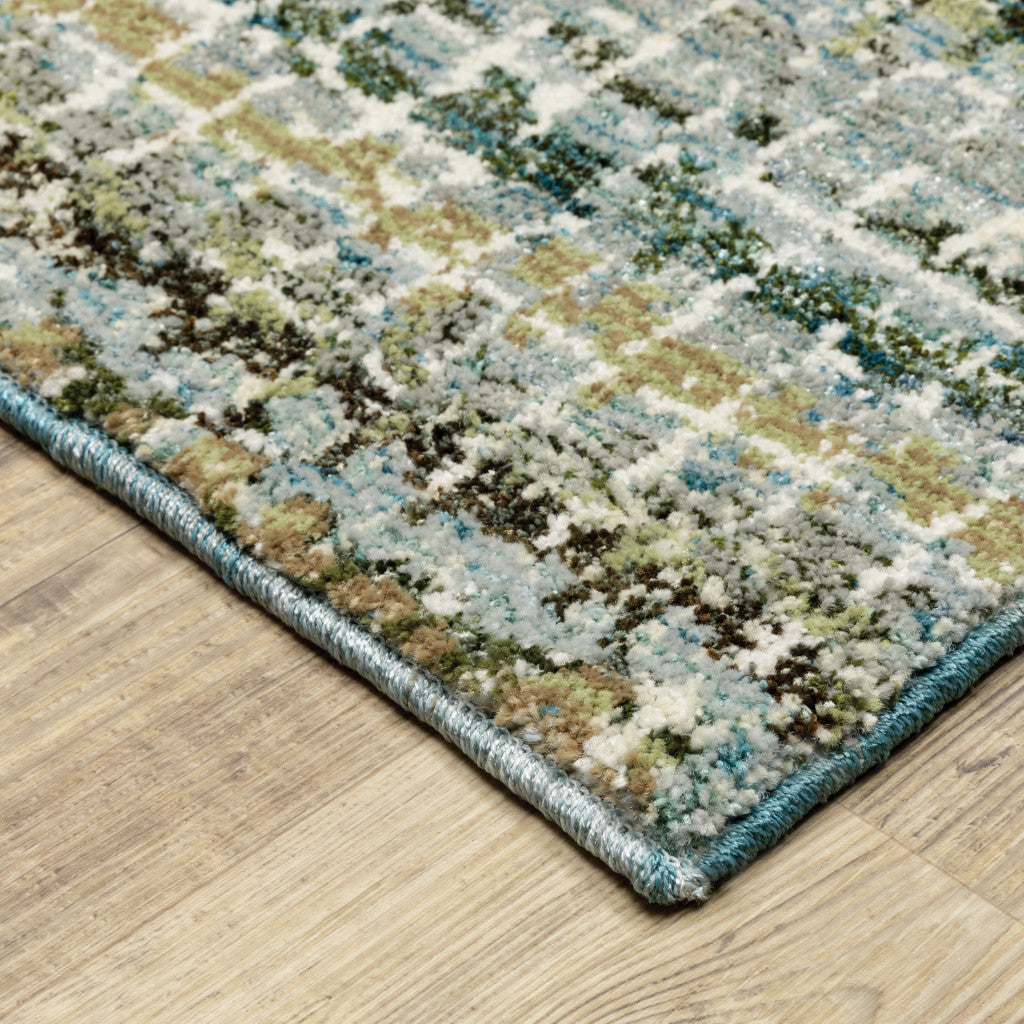 12' Runner Blue Green Teal and Grey Abstract Power Loom Runner Rug