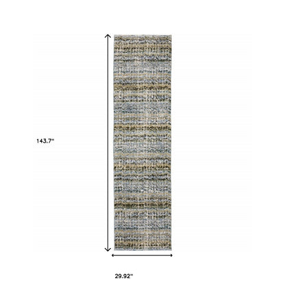 12' Runner Blue Green Teal and Grey Abstract Power Loom Runner Rug