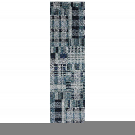 8' Blue And Midnight Geometric Runner Rug