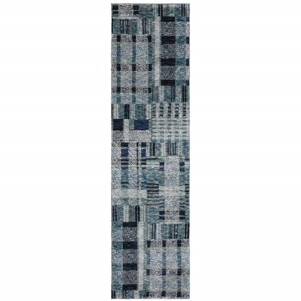 8' Blue And Midnight Geometric Runner Rug