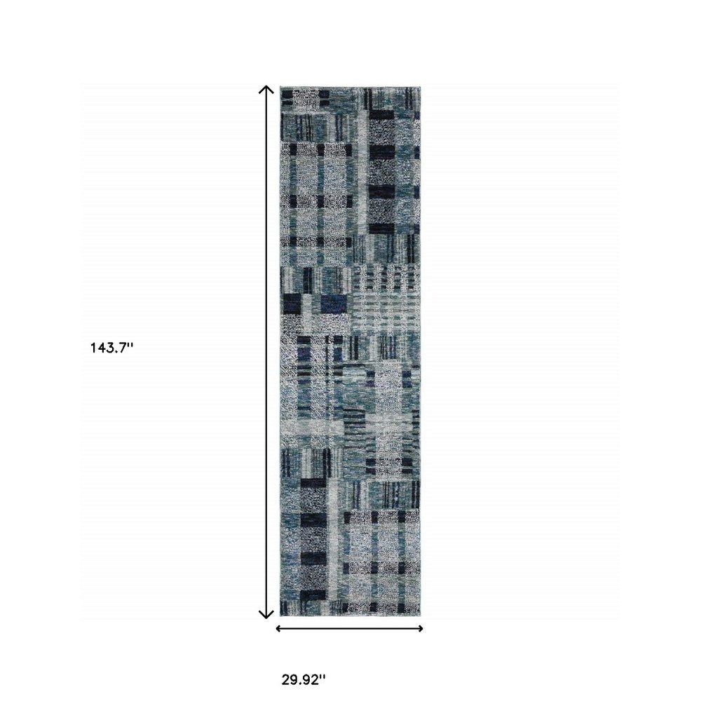 12' Blue Geometric Runner Rug