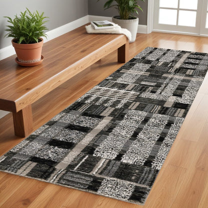8' Black And Gray Geometric Runner Rug