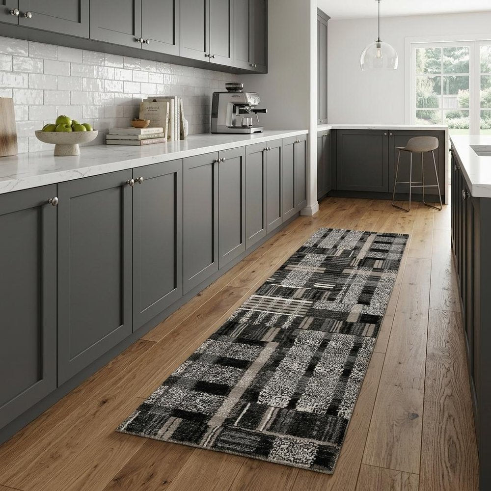 8' Black And Gray Geometric Runner Rug