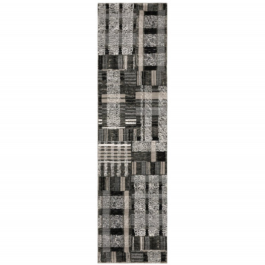 8' Black And Gray Geometric Runner Rug