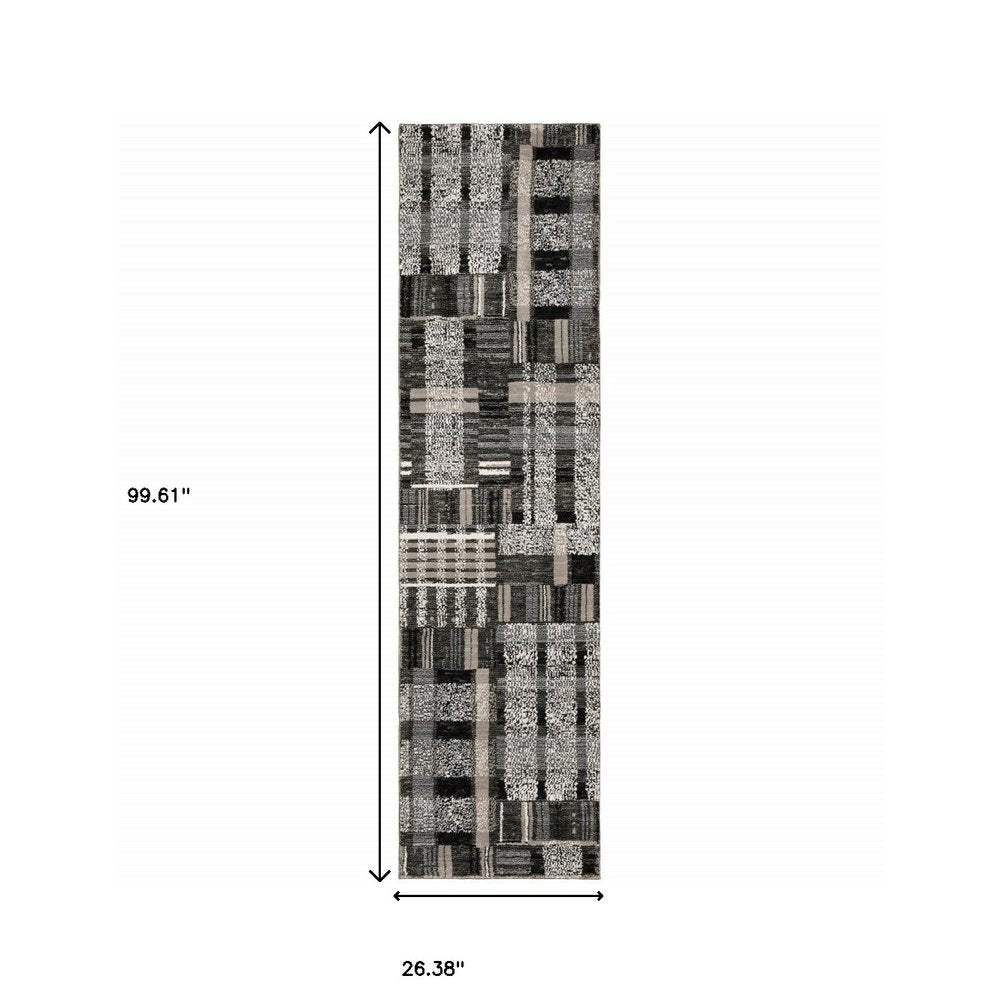 8' Black And Gray Geometric Runner Rug