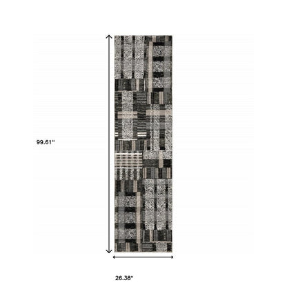 8' Black And Gray Geometric Runner Rug