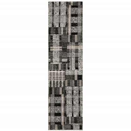 12' Runner Black Grey and Ivory Geometric Power Loom Runner Rug