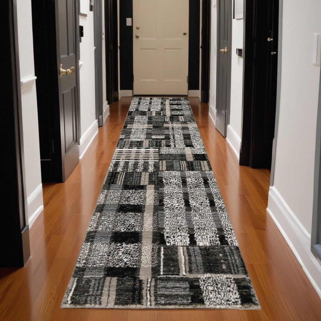 12' Runner Black Grey and Ivory Geometric Power Loom Runner Rug