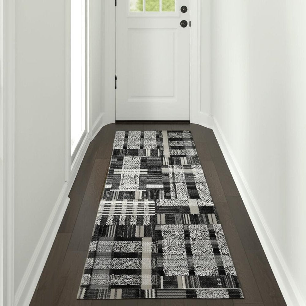 12' Black Gray And Ivory Geometric Runner Rug