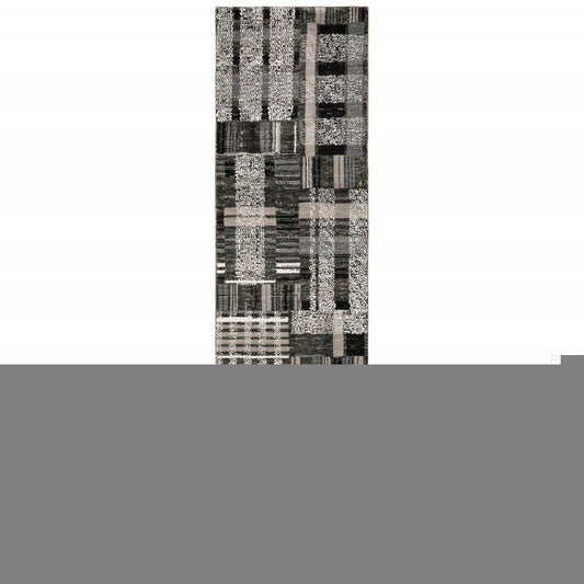 12' Black Gray And Ivory Geometric Runner Rug