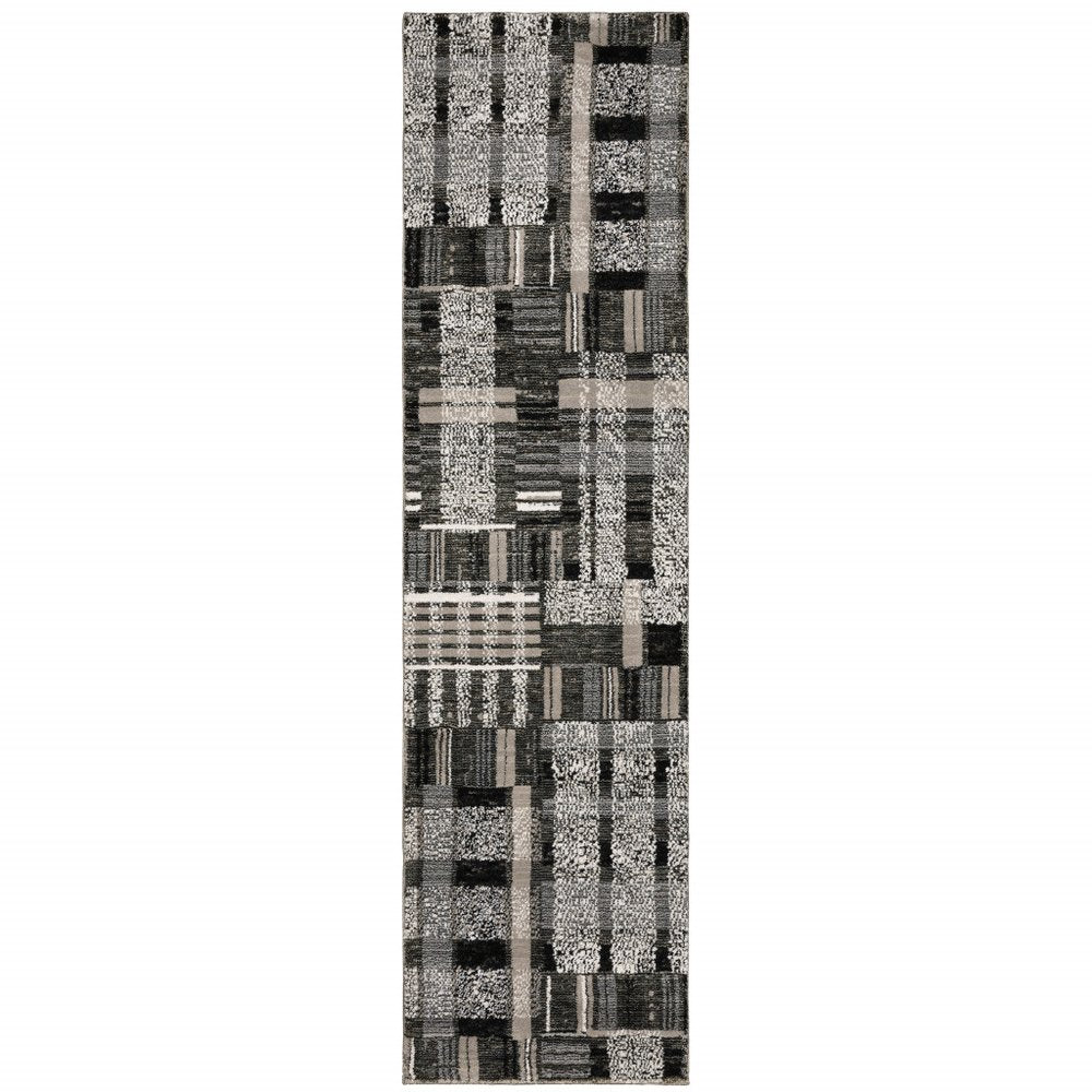 12' Black Gray And Ivory Geometric Runner Rug
