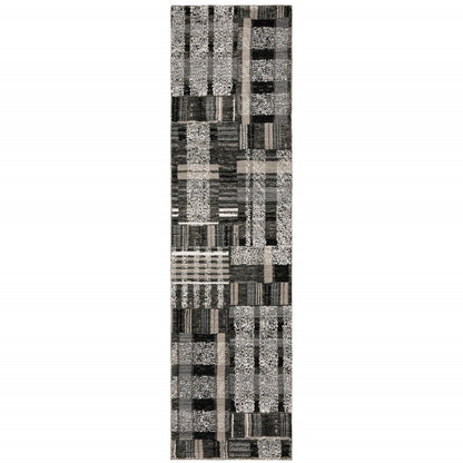 12' Black Gray And Ivory Geometric Runner Rug