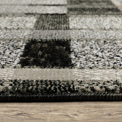 12' Black Gray And Ivory Geometric Runner Rug