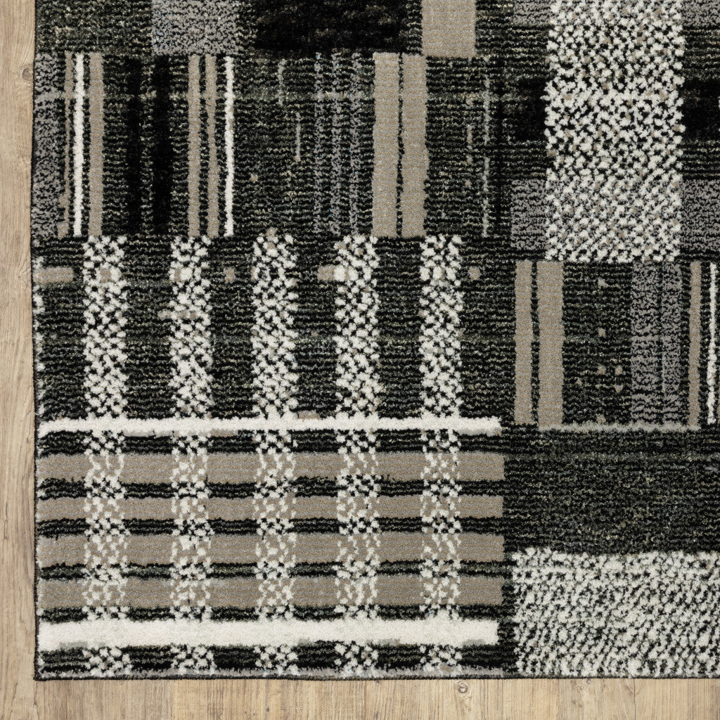 12' Runner Black Grey and Ivory Geometric Power Loom Runner Rug