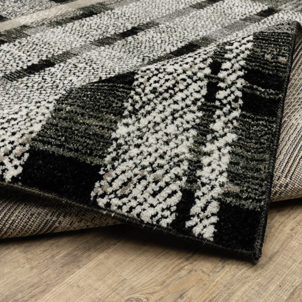 12' Black Gray And Ivory Geometric Runner Rug