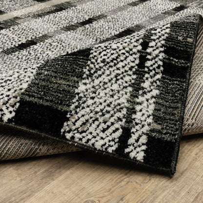 12' Black Gray And Ivory Geometric Runner Rug