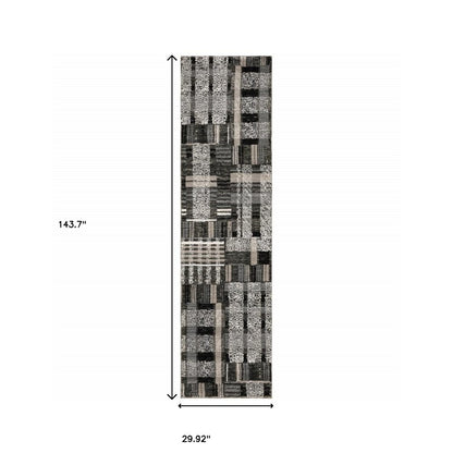 12' Black Gray And Ivory Geometric Runner Rug