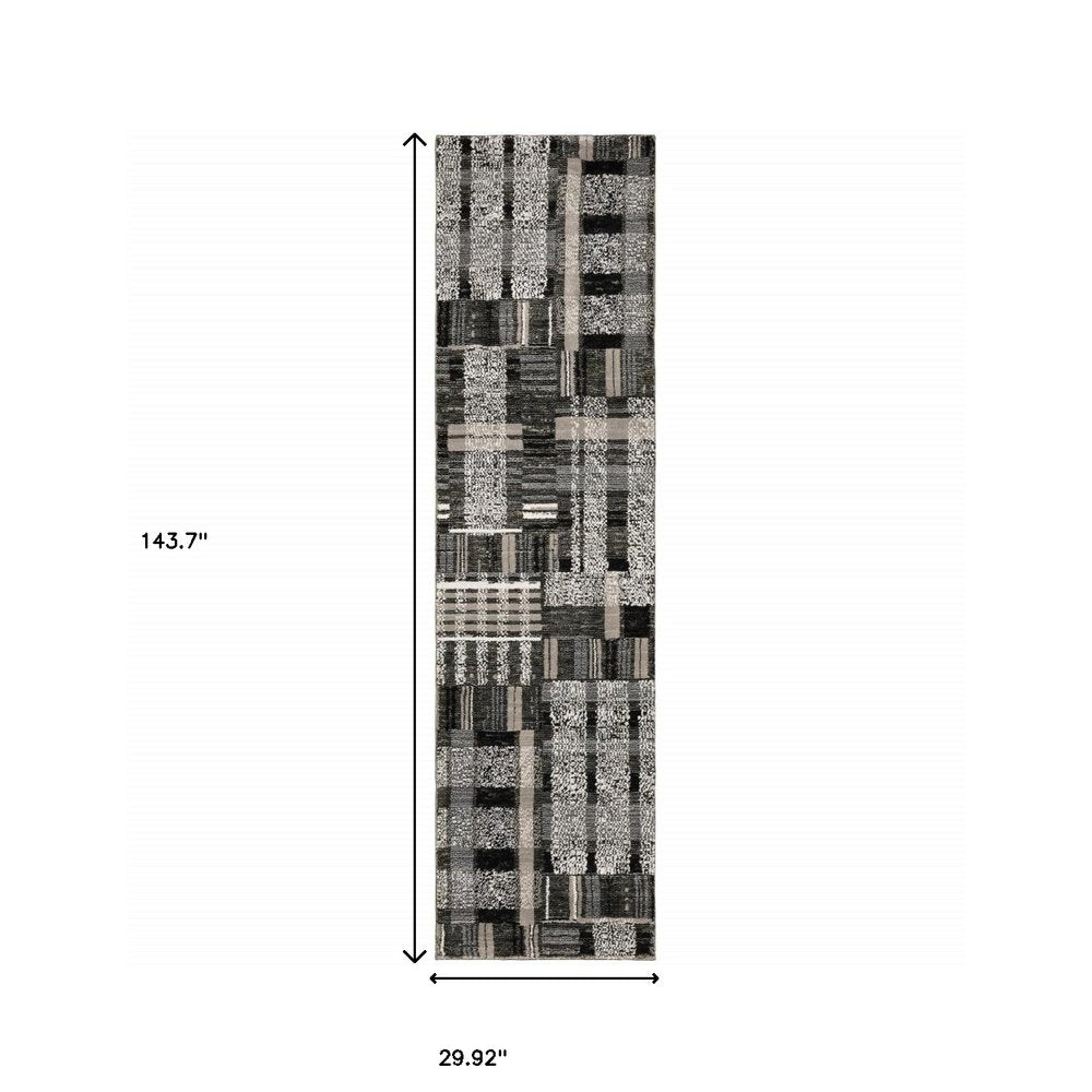 12' Black Gray And Ivory Geometric Runner Rug