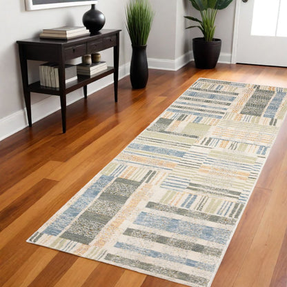 8' Blue And Green Geometric Runner Rug