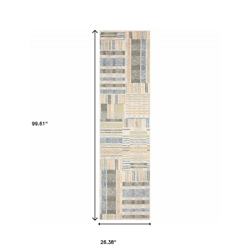 8' Blue And Green Geometric Runner Rug