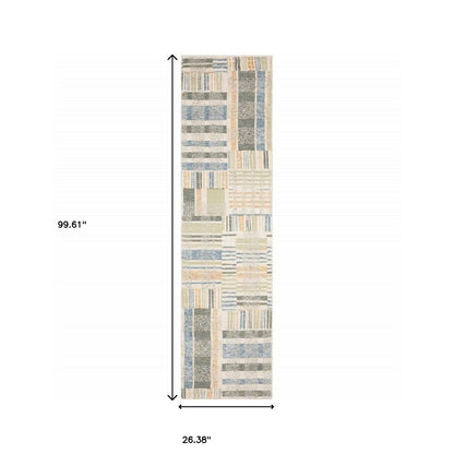 8' Blue And Green Geometric Runner Rug