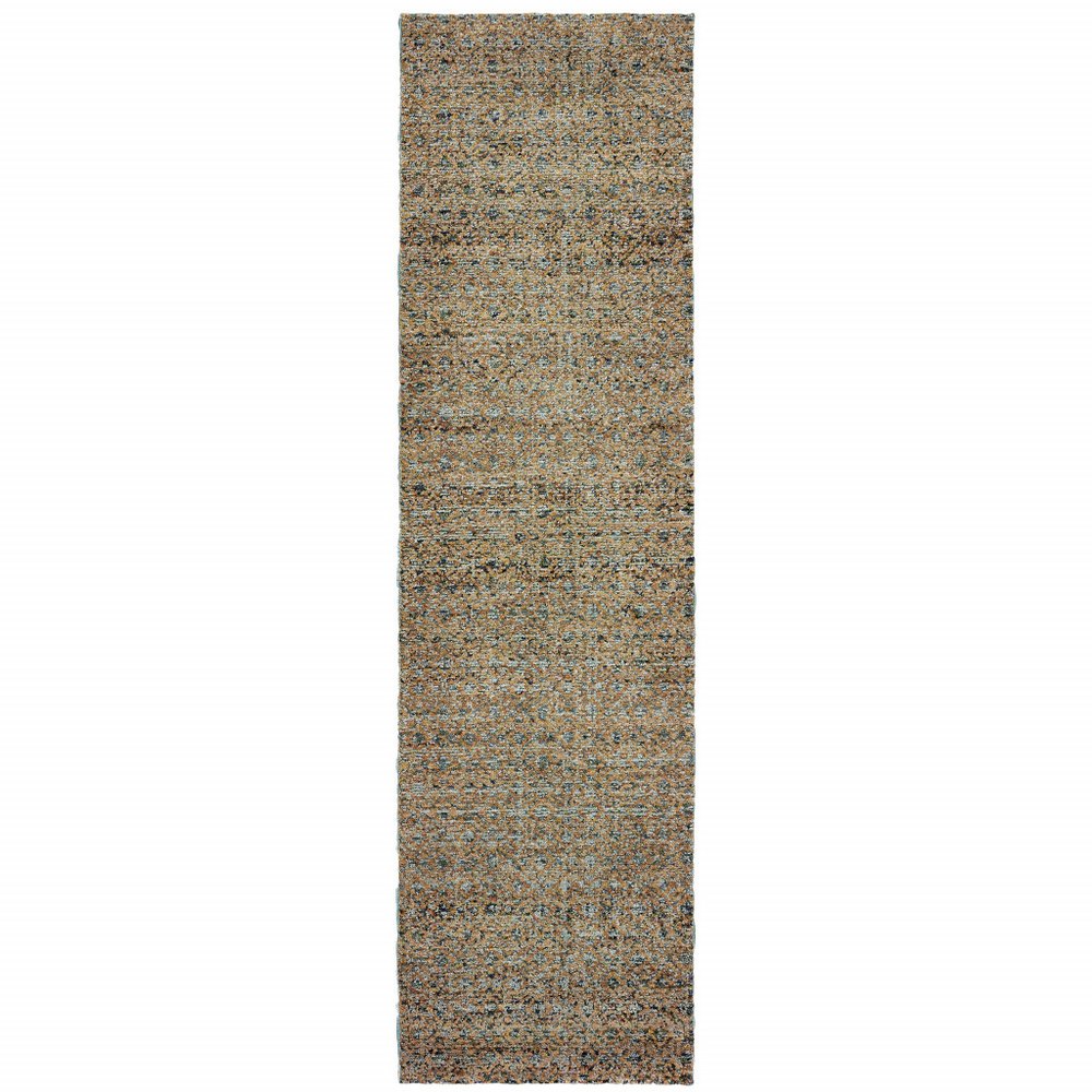 12' Blue And Gold Geometric Distressed Runner Rug