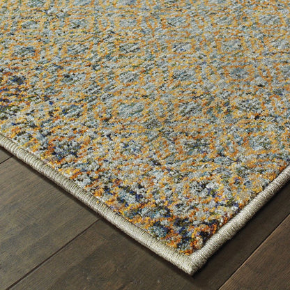 12' Blue And Gold Geometric Distressed Runner Rug