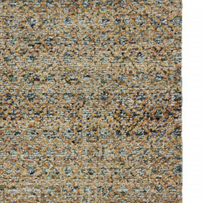 12' Blue And Gold Geometric Distressed Runner Rug