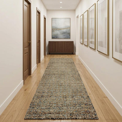 12' Blue And Gold Geometric Distressed Runner Rug