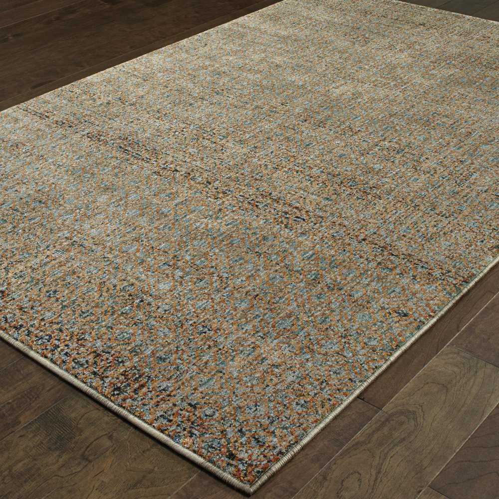 9' X 12' Blue And Gold Geometric Distressed Area Rug