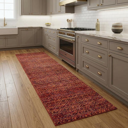 8' Red And Rust Geometric Distressed Runner Rug