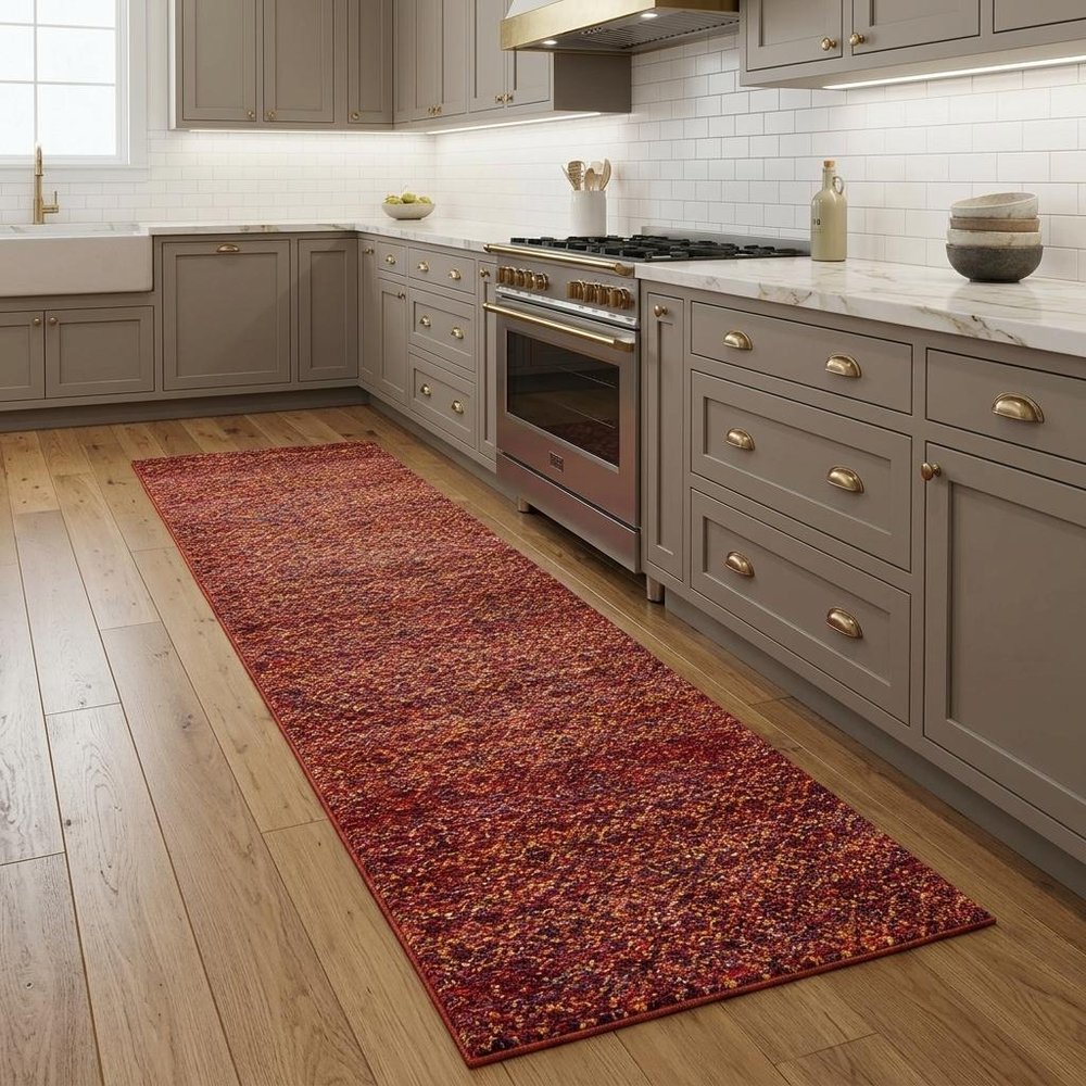 8' Red And Rust Geometric Distressed Runner Rug