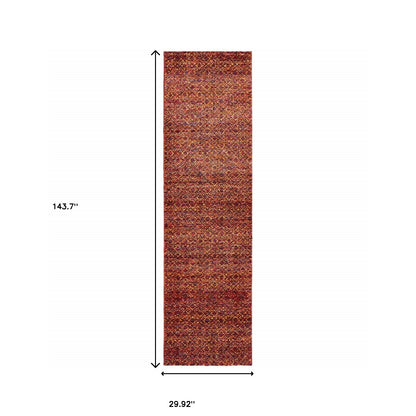 12' Runner Red Gold and Blue Geometric Power Loom Runner Rug