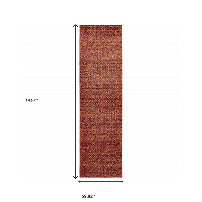 12' Red Gold And Blue Geometric Runner Rug