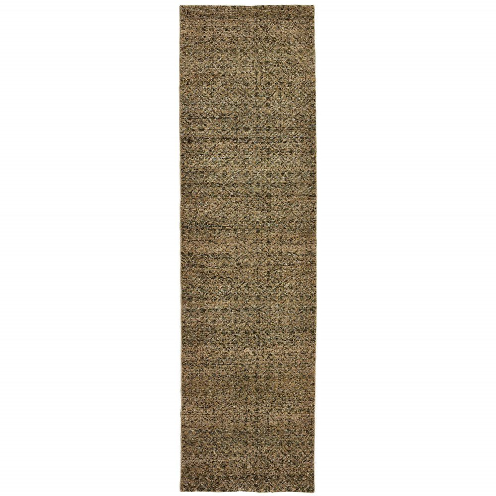 8' Green And Gold Geometric Distressed Runner Rug