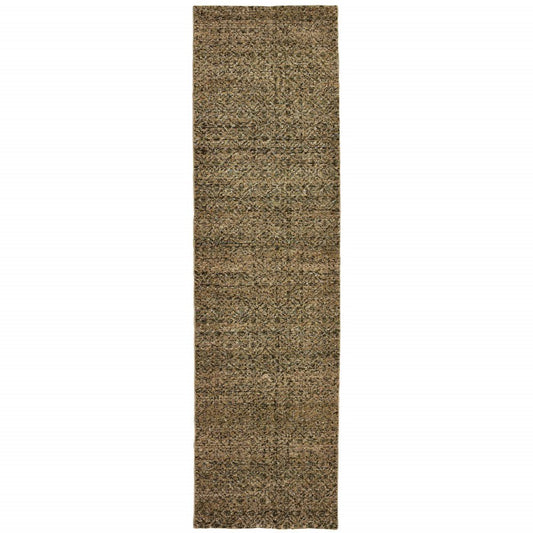 8' Green And Gold Geometric Distressed Runner Rug