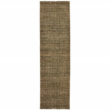 12' Green And Gold Geometric Distressed Runner Rug