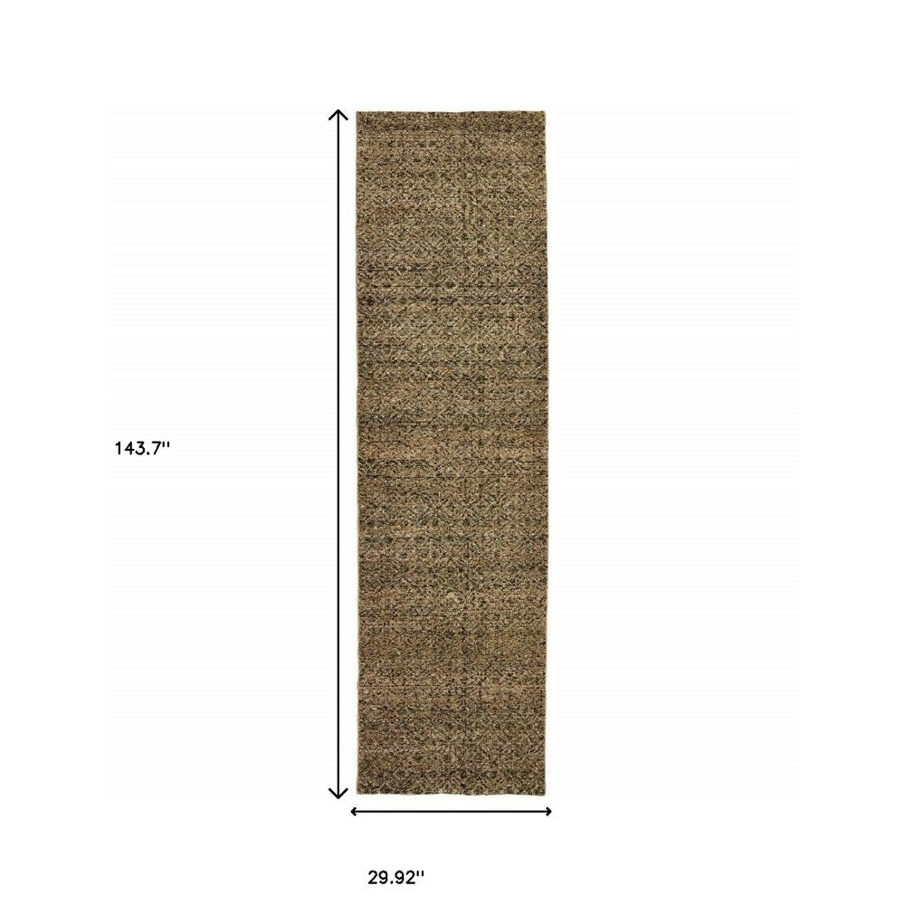 12' Green And Gold Geometric Distressed Runner Rug