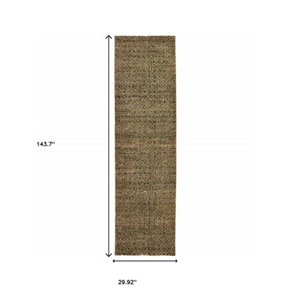 12' Green And Gold Geometric Distressed Runner Rug