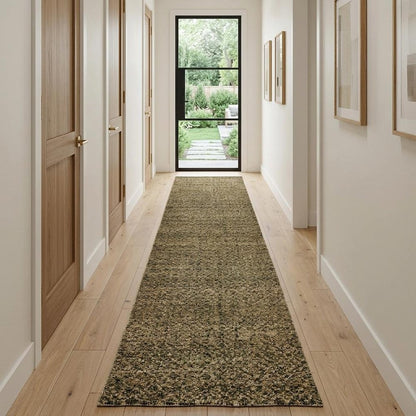 12' Green And Gold Geometric Distressed Runner Rug