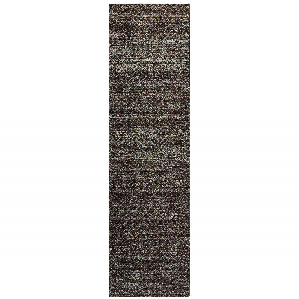 12' Runner Charcoal Grey and Brown Geometric Power Loom Runner Rug