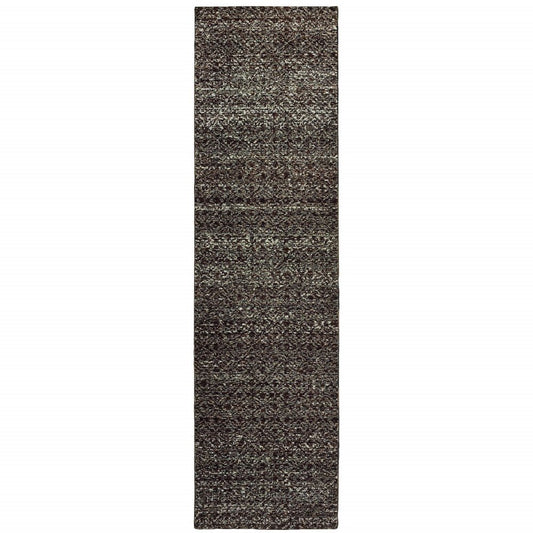 12' Charcoal Gray And Brown Geometric Runner Rug