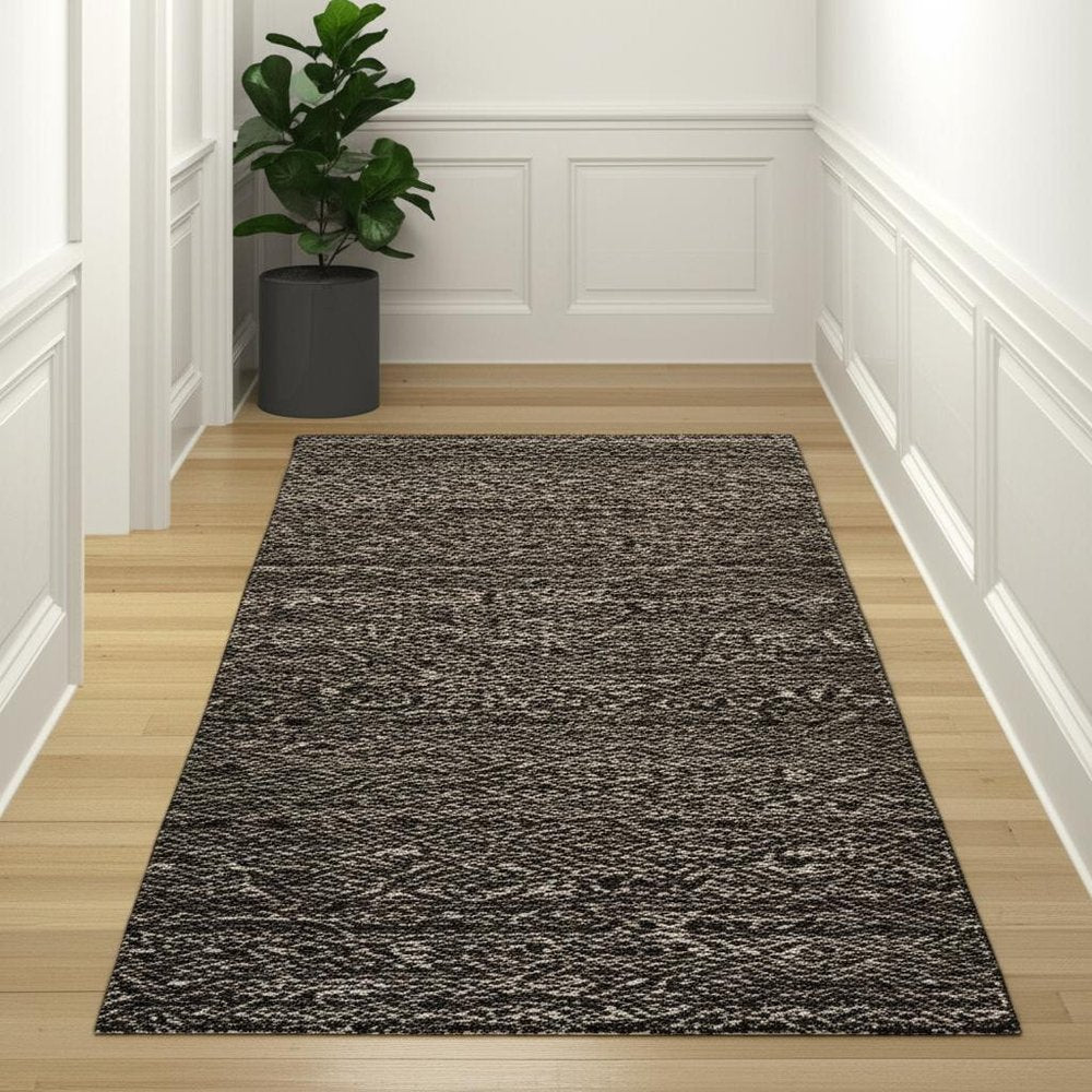 12' Charcoal Gray And Brown Geometric Runner Rug