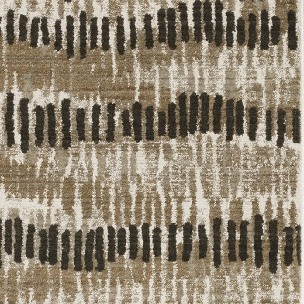 2' X 8' Beige Ivory Charcoal Brown Tan And Grey Abstract Power Loom Stain Resistant Runner Rug With Fringe
