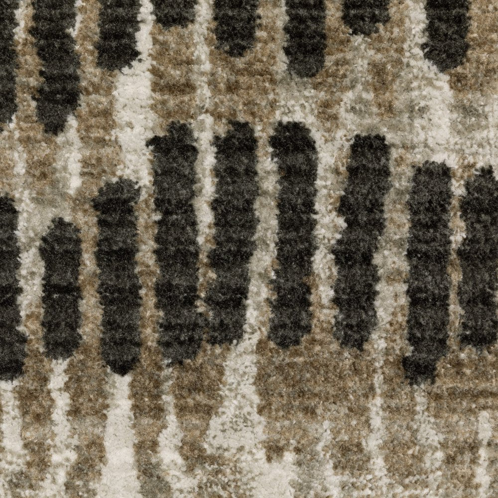 2' X 8' Beige Ivory Charcoal Brown Tan And Grey Abstract Power Loom Stain Resistant Runner Rug With Fringe