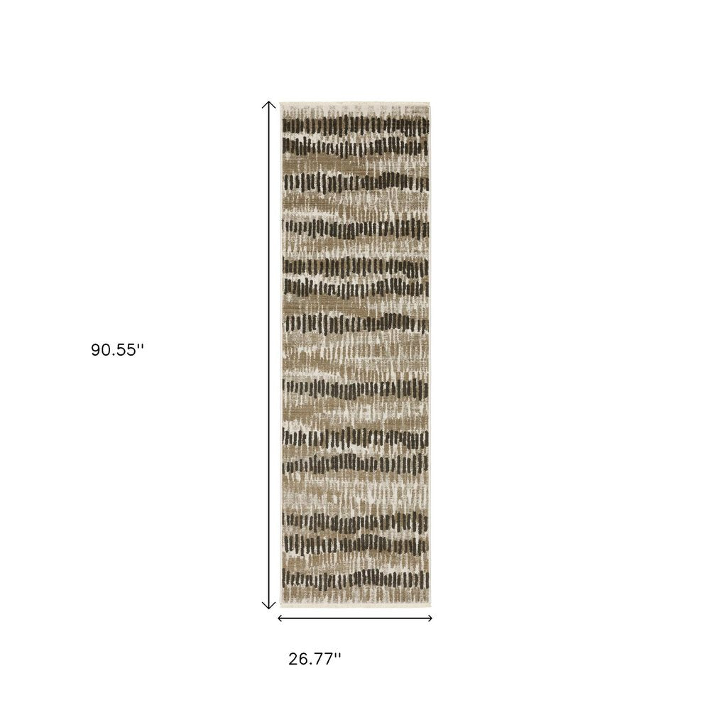 2' X 8' Beige Ivory Charcoal Brown Tan And Grey Abstract Power Loom Stain Resistant Runner Rug With Fringe
