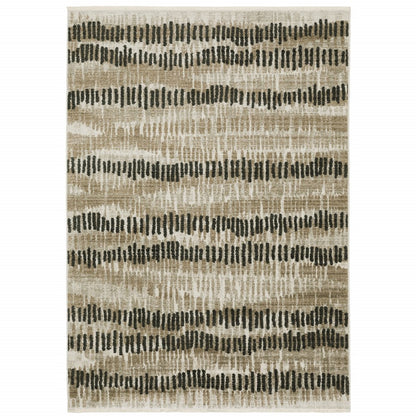 4' X 6' Beige Ivory Charcoal Brown Tan And Grey Abstract Power Loom Stain Resistant Area Rug With Fringe
