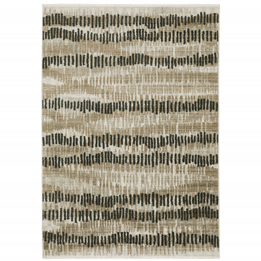 6' X 9' Beige Ivory Charcoal Brown Tan And Grey Abstract Power Loom Stain Resistant Area Rug With Fringe